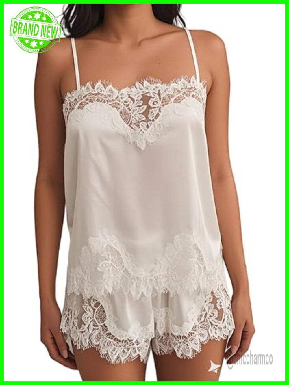 Satin Lace Trim Pajama Set 2 Piece Cami Top and Shorts Sleepwear